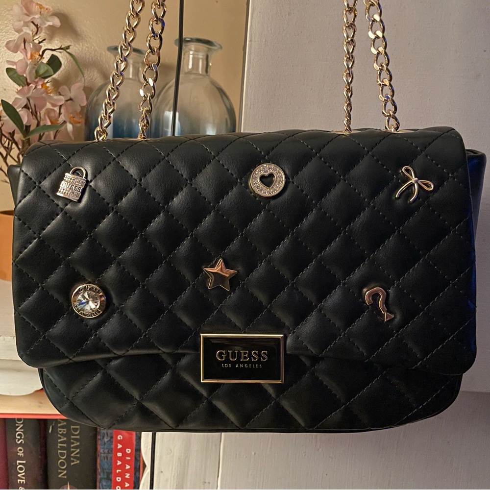 Guess Quilted Black Faux Leather Shoulder Bag Purse Embellished with Charms